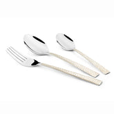 Three-piece cutlery set featuring a fork and two spoons with decorative ivory and gold handles.